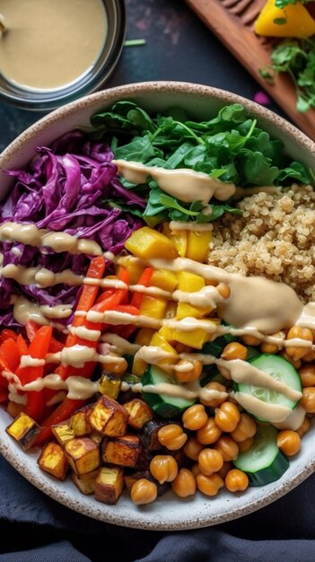 Foto een kom regenboogsalade met een regenboog aan kleuren.