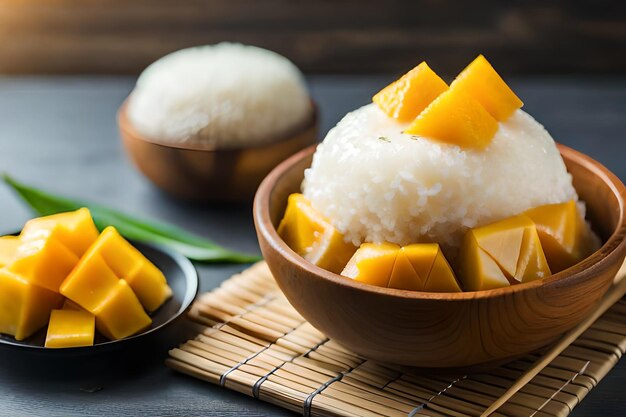 een kom rijst met rijst en mango op een tafel