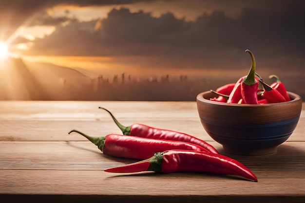 Een kom rode chilipepers staat op een tafel met een stad op de achtergrond.