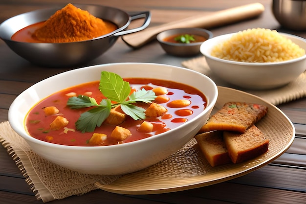 Een kom rode curry met een lepel en brood ernaast