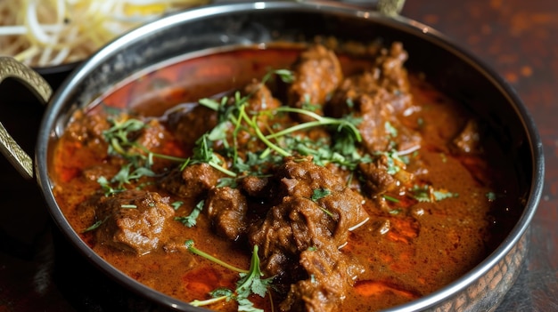 Foto een kom rode curry met vlees en groene kruiden.