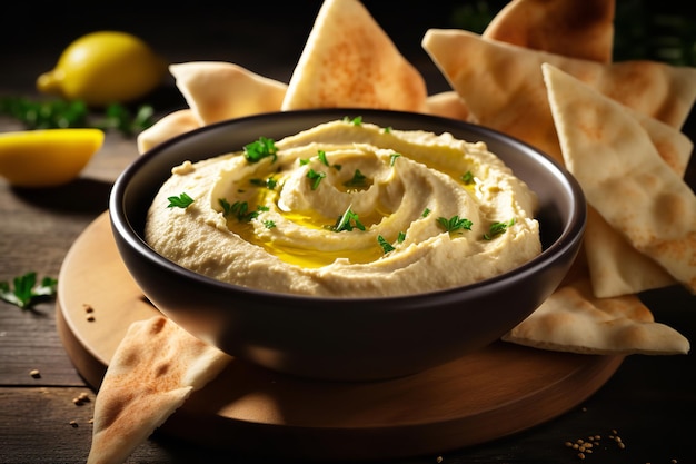 Een kom romige hummus met vers pitabroodje