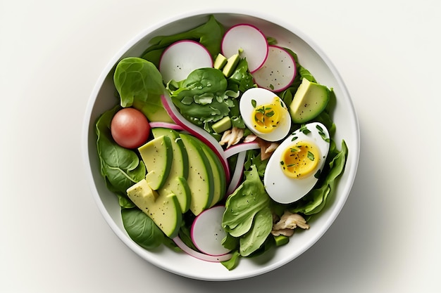 Een kom salade met avocado, avocado en radijsjes.