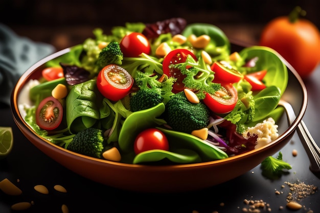Een kom salade met broccoli, tomaten en andere groenten