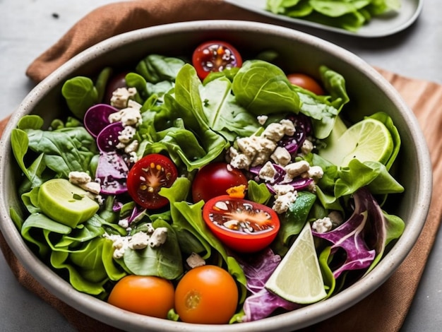 een kom salade met een hoop groenten en een tomat