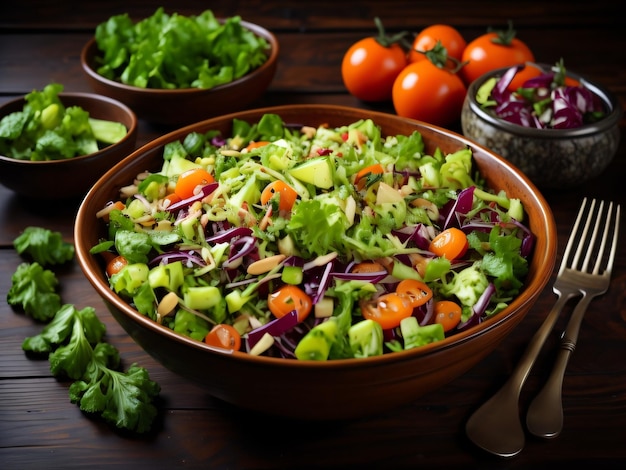 Een kom salade met een kom groenten op tafel.