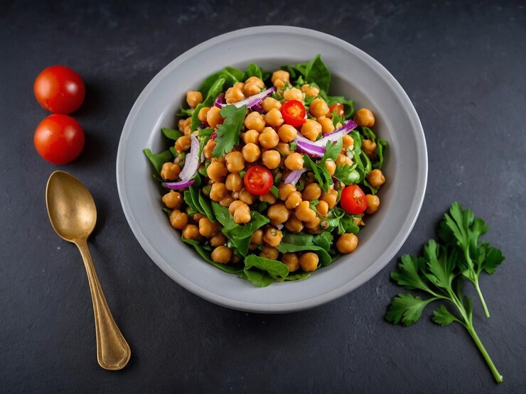 een kom salade met een lepel en een lepel ernaast
