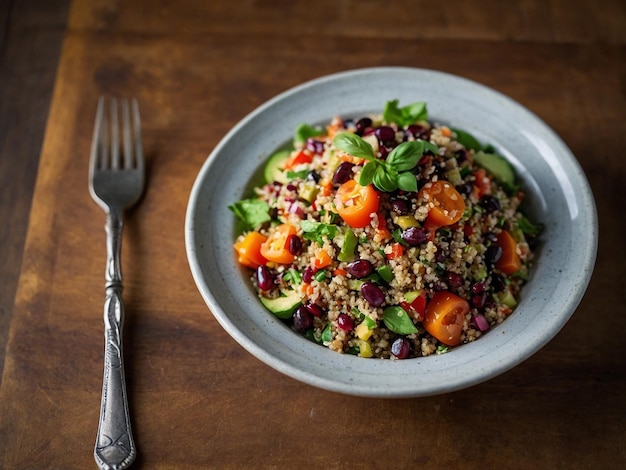 een kom salade met een vork en een vork
