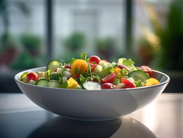 Een kom salade met komkommers, tomaten en komkommers.