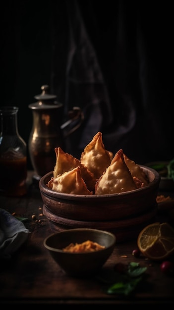 Een kom samosa's met een kom eten op tafel.