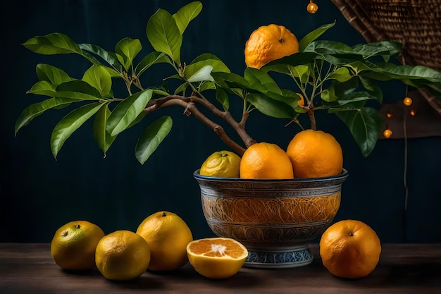 Foto een kom sinaasappels en citroenen staan op een tafel met een kom citroenen en een schaal sinaasappelen