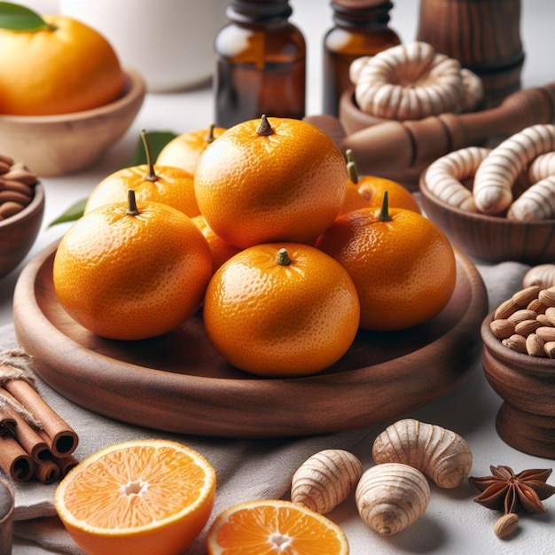 Foto een kom sinaasappels met specerijen en noten op een tafel