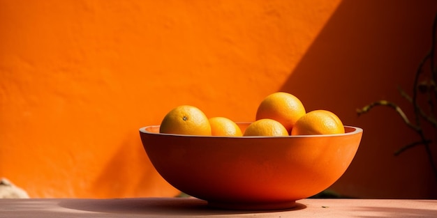 Een kom sinaasappels staat op een tafel voor een feloranje muur.