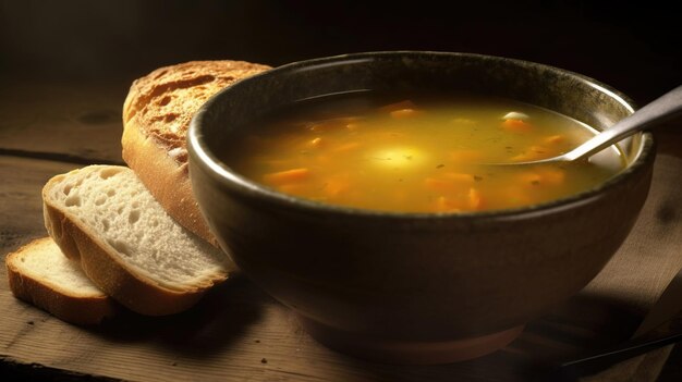 Een kom soep met een sneetje brood ernaast