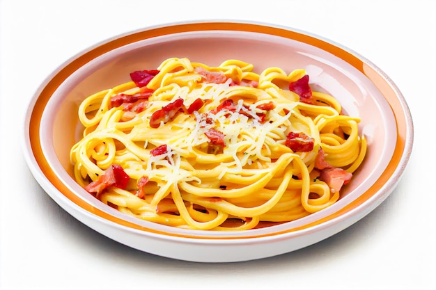 Een kom spaghetti met bacon en kaas.