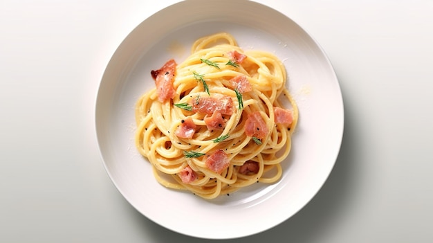 Een kom spaghetti met bacon erop