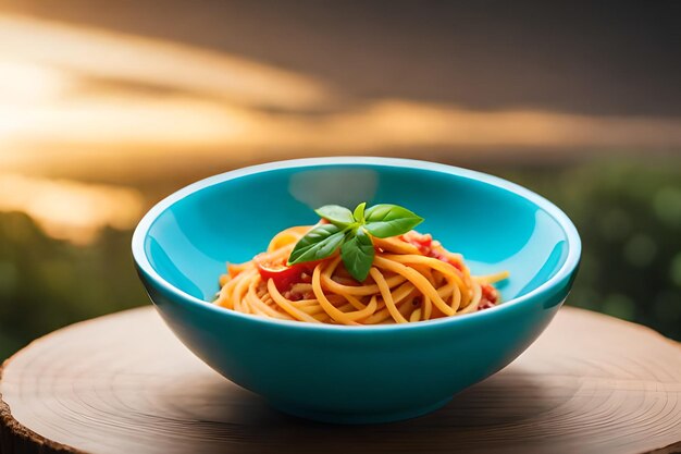 Een kom spaghetti met basilicum erop