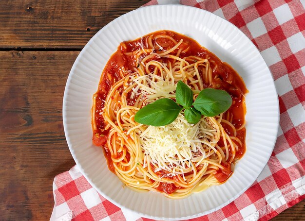 Een kom spaghetti met basilicumblaadjes en een rood-wit geblokte doek.