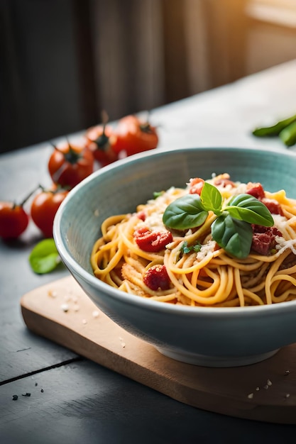 Een kom spaghetti met basilicumblaadjes op een houten tafel