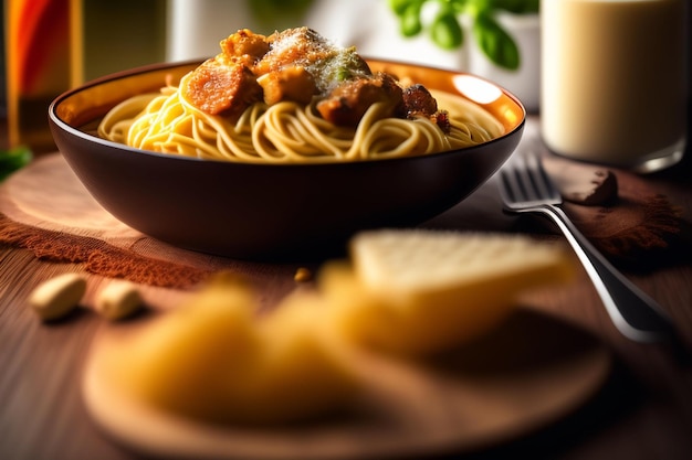 Een kom spaghetti met een glas melk erbij.