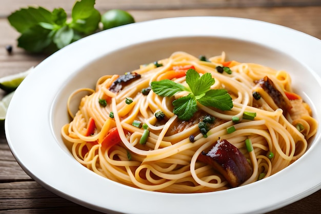 Een kom spaghetti met een groen blad aan de zijkant