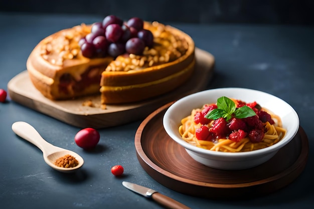 Een kom spaghetti met een plak cheesecake op een tafel ernaast.