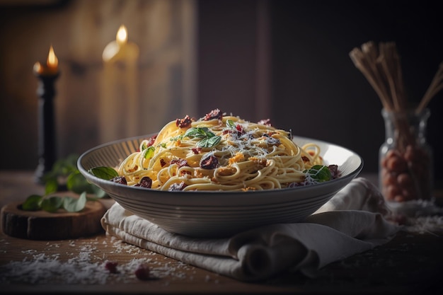 Een kom spaghetti met een takje Parmezaanse kaas erop.