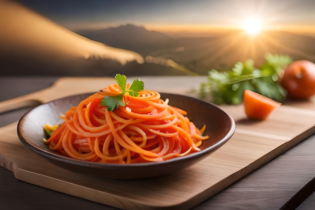 Een kom spaghetti met sinaasappelsaus en een zonsondergang op de achtergrond