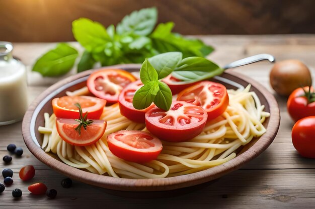 Een kom spaghetti met tomaat en basilicum