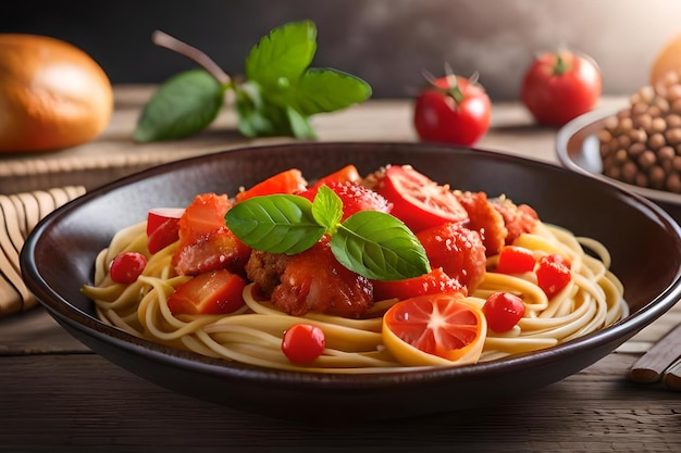 Een kom spaghetti met tomaten en basilicum erbij