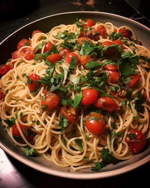 Een kom spaghetti met tomaten en peterselie erop.