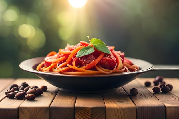 Een kom spaghetti met tomatensaus en basilicumblaadjes op een houten tafel.