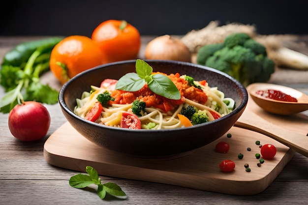 Een kom spaghetti met tomatensaus en broccoli op een houten snijplank.