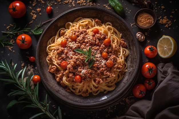 Een kom spaghetti met vleessaus en tomaten op een donkere achtergrond.