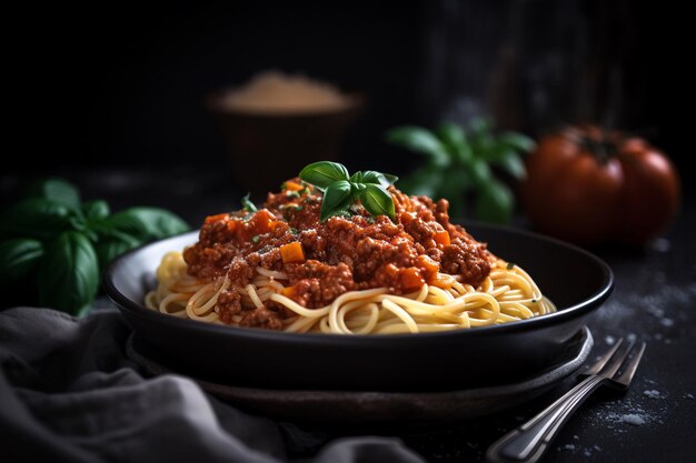 Een kom spaghetti met vleessaus en verse basilicum erop.