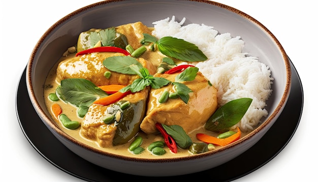 Een kom Thaise kipcurry met rijst en groenten.