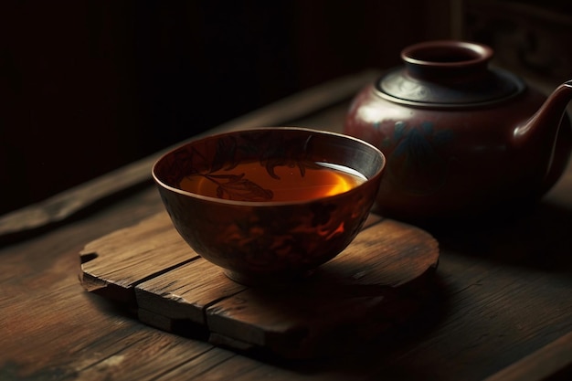 Foto een kom thee staat op een tafel naast een theepot.