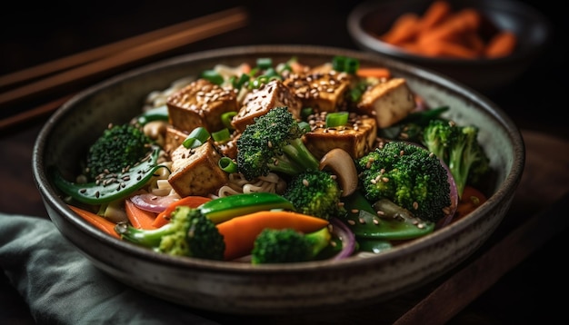 Een kom tofu met broccoli en wortelen