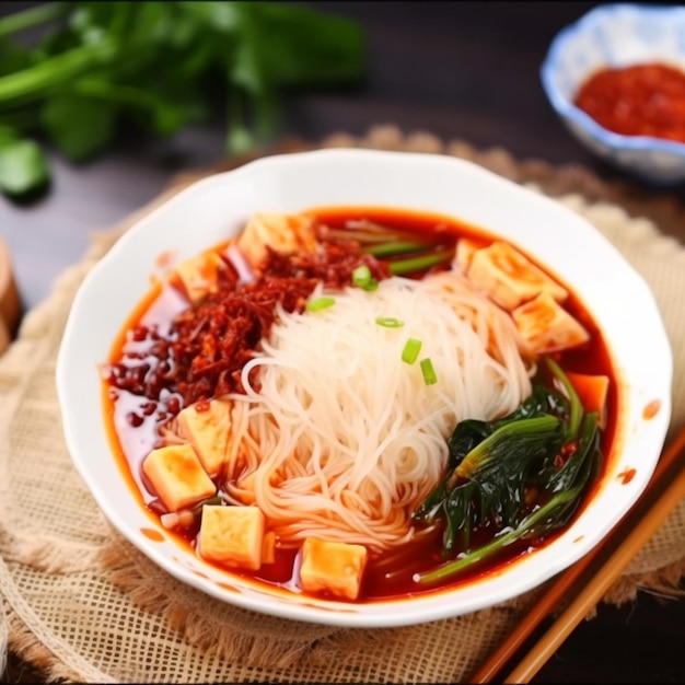 Een kom tofu met groene groenten en een bord eten