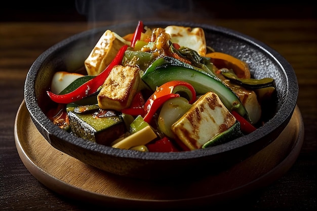 Een kom tofu met paprika en paprika