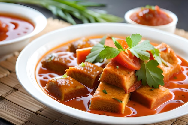 Een kom tofu met tomatensaus