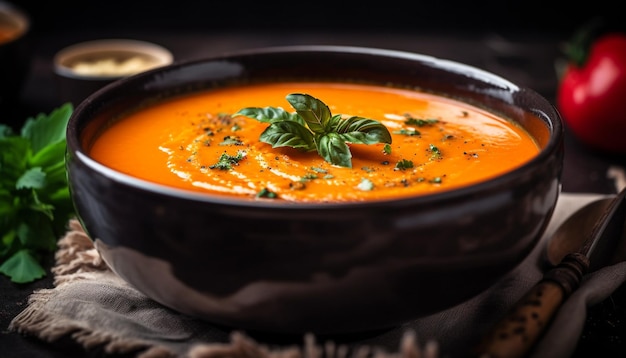 Een kom tomatensoep met basilicumblaadjes erop