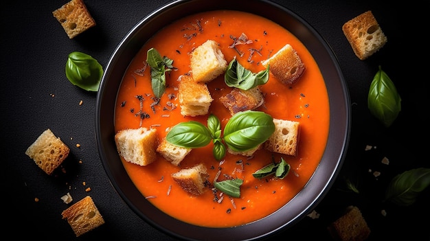 Een kom tomatensoep met brood en basilicumblaadjes erbij.