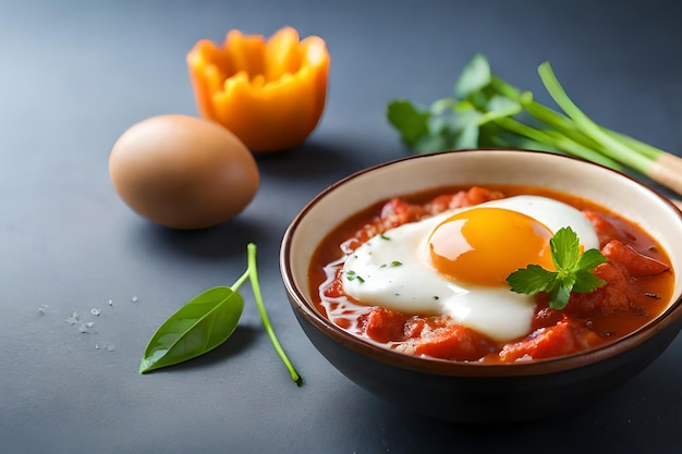 Een kom tomatensoep met een ei erop