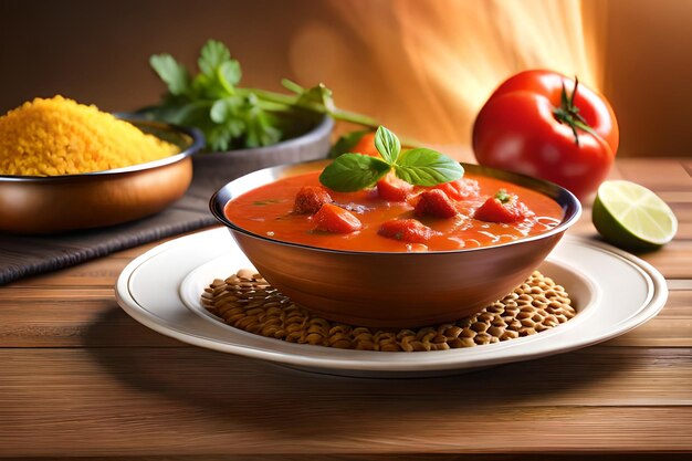 Een kom tomatensoep met een kom tomatensaus op een tafel naast een open haard.