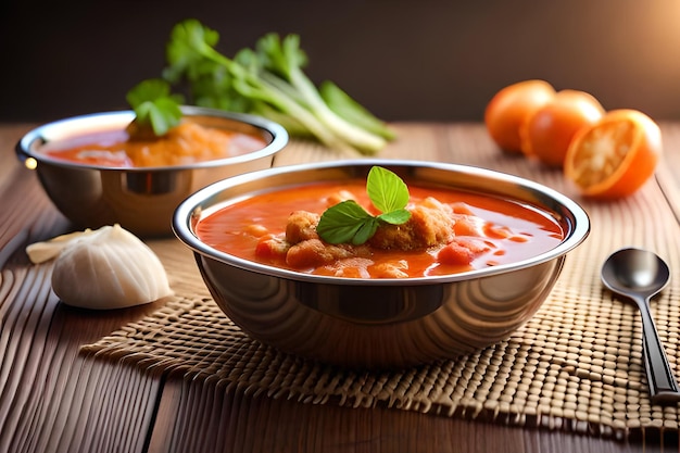 Een kom tomatensoep met een paar tomaten erbij