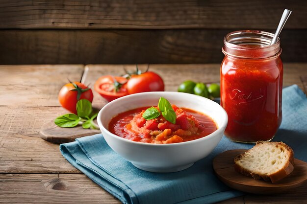 Een kom tomatensoep naast een pot tomatensaus.