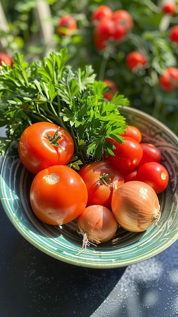 Een kom verse tomaten en uien met peterselie.