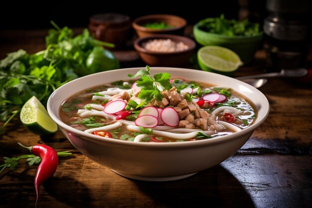 Een kom vertroostende Mexicaanse pozole soep versierd met radissen en cilantro