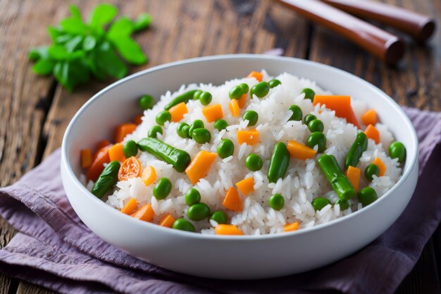 Foto een kom vol smaakvolle rijst met losse en glanzende korrels klaar om ieders smaakpapillen te bevredigen gegenereerd door ai